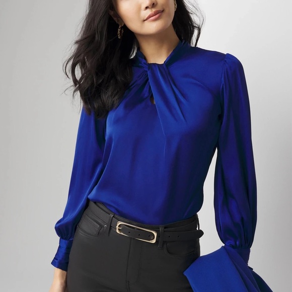 White House Black Market Tops - WHBM Chic Royal Blue Long Sleeve Twisted Neck Satin Blouse size 4